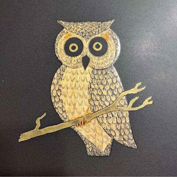 Vintage Mid Century Modern Couroc Of Monterey Inlaid Owl 10.5 Round Serving Tray - Picture 1 of 4